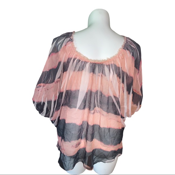 Robin K Sheer Batwing Blouse Pink Black Striped Top Size M Flowy Boho Chic - Picture 2 of 13